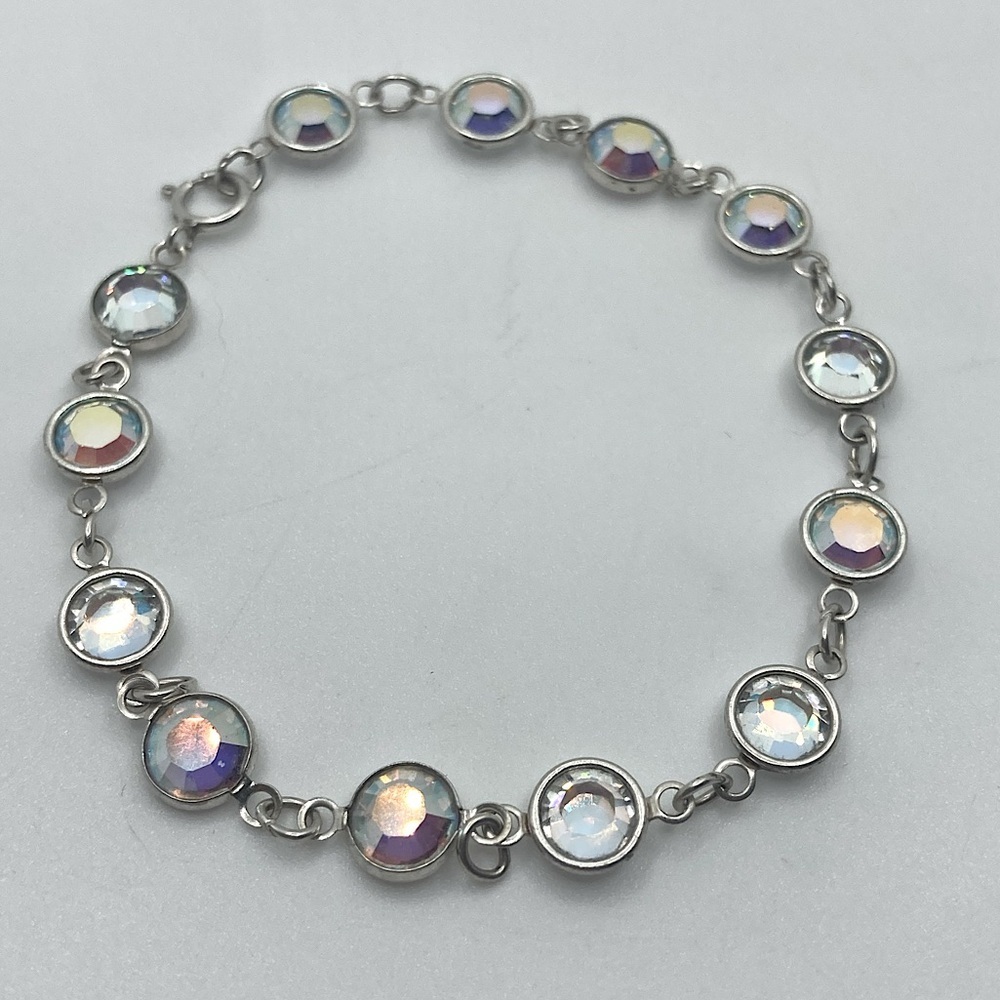 Sterling Aurora Borealis Iridescent AB Crystal Chain Bracelet 7.5”